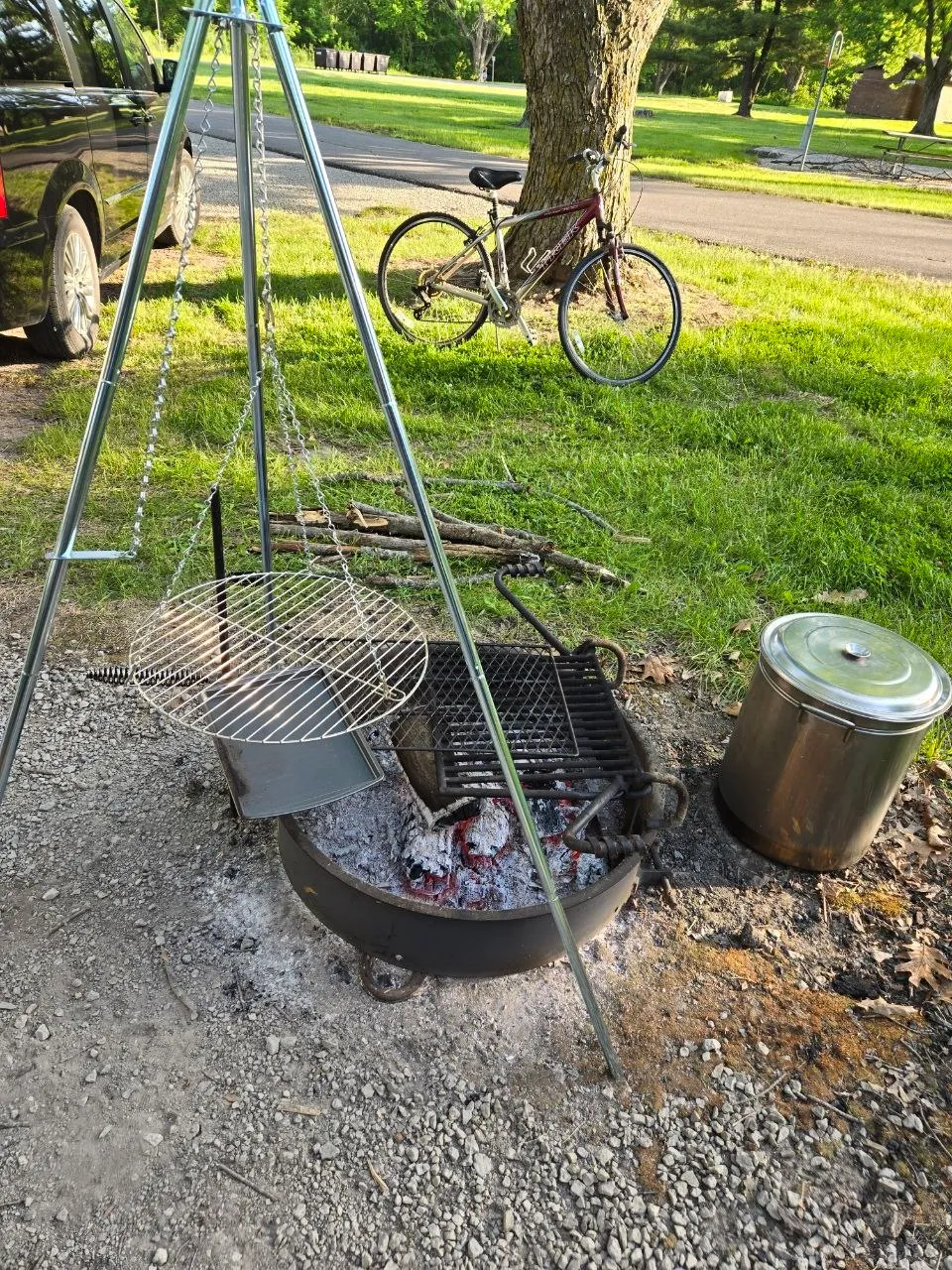 Camp cooking setup by the fire at Rathbun Lake.