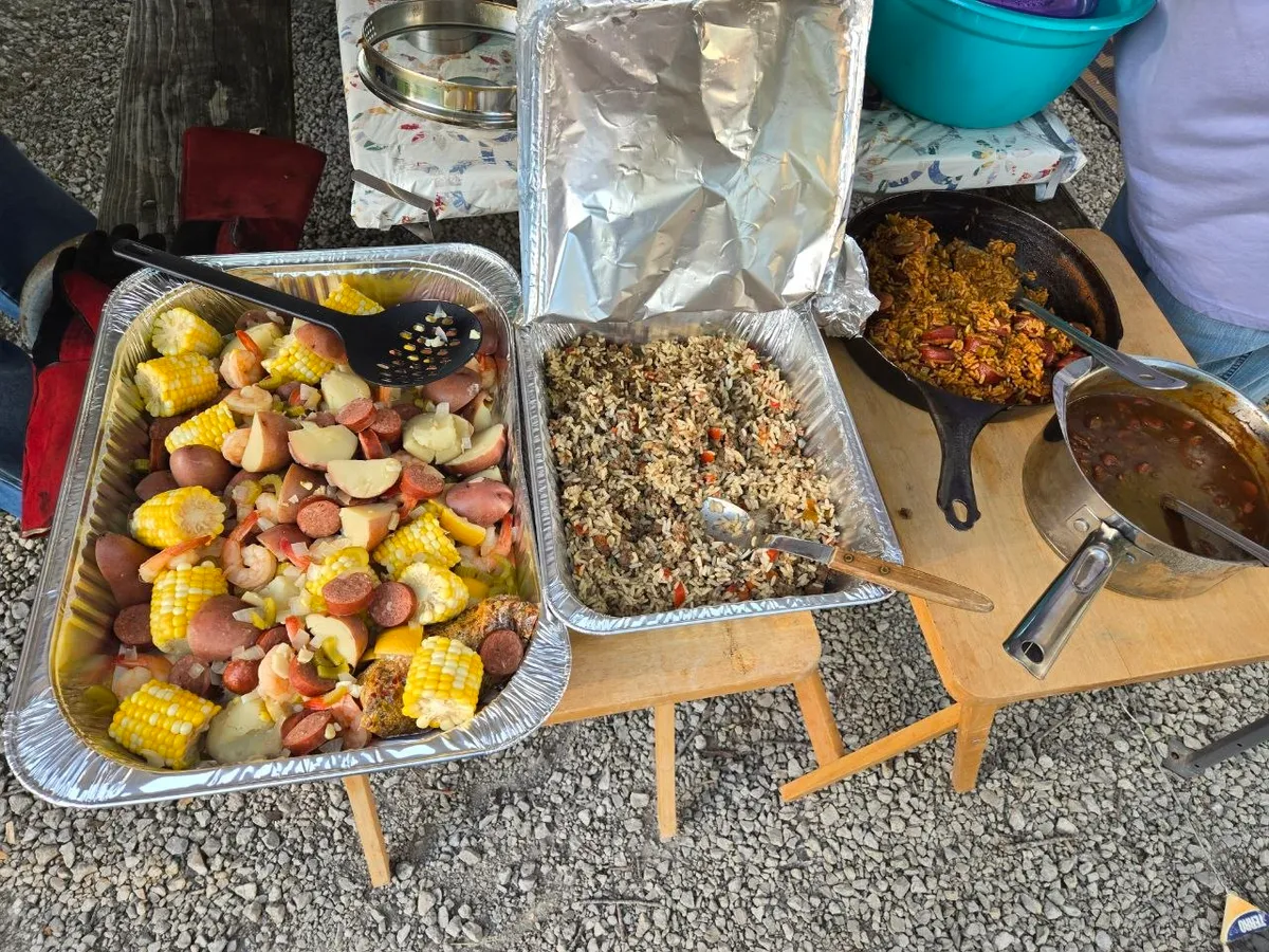 Family meal spread during the camping trip at Rathbun Lake.